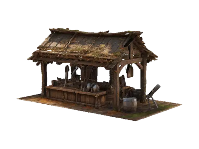 A beautiful medieval merchants stand adorned with weapons and armor. Old wooden… - Merchant 3D model, vytvořený pomocí AI