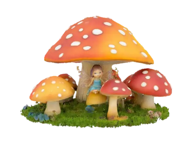 3D model for A beautiful mushroom garden with a tiny beautiful fairy sitting in the middle round base , #garden#,  