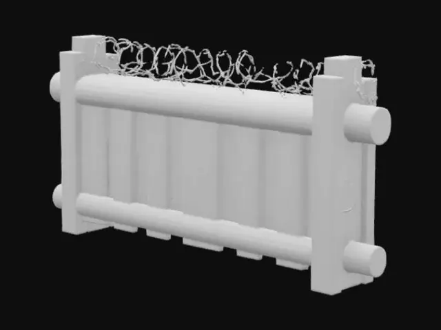 3D model for A hastily constructed World War II wooden barricade, featuring rough-hewn pine logs and planks nailed together into a sturdy, uneven wall. The untreated wood is a faded, weathered gray-brown, displaying prominent grain and splinters, feeling coarse and dry. Tangled masses of rusted, barbed wire are haphazardly strung across the top and front, its sharp points a dull, oxidized red, creating a formidable and dangerous barrier that looks both crude and effective.