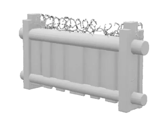 3D model for A hastily constructed World War II wooden barricade, featuring rough-hewn pine logs and planks nailed together into a sturdy, uneven wall. The untreated wood is a faded, weathered gray-brown, displaying prominent grain and splinters, feeling coarse and dry. Tangled masses of rusted, barbed wire are haphazardly strung across the top and front, its sharp points a dull, oxidized red, creating a formidable and dangerous barrier that looks both crude and effective.