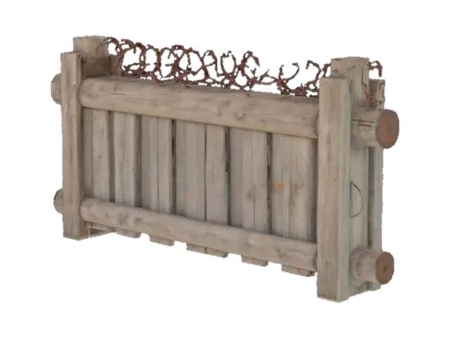 3D model for A hastily constructed World War II wooden barricade, featuring rough-hewn pine logs and planks nailed together into a sturdy, uneven wall. The untreated wood is a faded, weathered gray-brown, displaying prominent grain and splinters, feeling coarse and dry. Tangled masses of rusted, barbed wire are haphazardly strung across the top and front, its sharp points a dull, oxidized red, creating a formidable and dangerous barrier that looks both crude and effective.