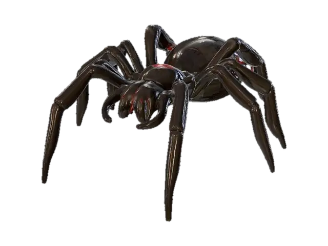 3D model for A minimalistic glossy ceramic sculpture of a black widow spider, stylized with soft edges, polished glaze in black with a red but, highly reflective glossy finish, modern decorative aesthetic, cinematic render, dark gradient background., #PBR#