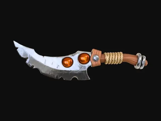 3D model for A stylized fantasy bow staff weapon floating against a dark neutral background. The blade is wide and jagged with a chipped, irregular edge, made of pale bluish steel with subtle wear and scratches. The upper spine features two circular cutouts fitted with amber-colored translucent resin inserts. The blade is attached to a short wooden handle with a warm brown finish, wrapped tightly with thick beige rope near the guard. A metal rivet secures the handle, adding a rugged, handcrafted feel. The overall style is semi-realistic with smooth sculpted forms, exaggerated proportions, and clean edges, suitable for a game or collectible 3D asset. Soft studio lighting, sharp focus, high detail, no text, no characters.