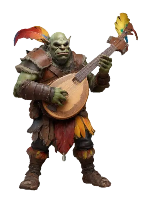Highly Detailed, orc bard in a proud confident stance with a lute, Full Body - Musician 3D model, vytvořený pomocí AI