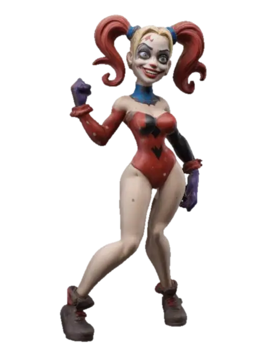 detailed clay figurine of Harley Quinn, dynamic pose, smooth body with sleek… - Figurines 3D model, vytvořený pomocí AI