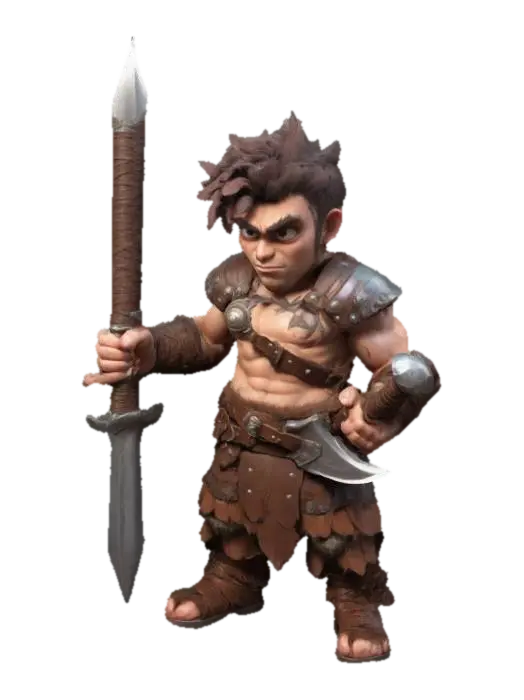 3D model for I want to create a, Highly Detailed,  kawaii style 3D model of a muscular  barbarian The barbarian is in leather armor, a mean and battle hardened appearance. He is holding a broadsword 