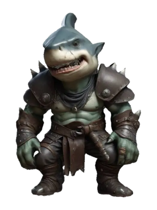 extremely detailed shark headed orc bodied warrior in a crouched position he is in… 3D model, vytvořený pomocí AI