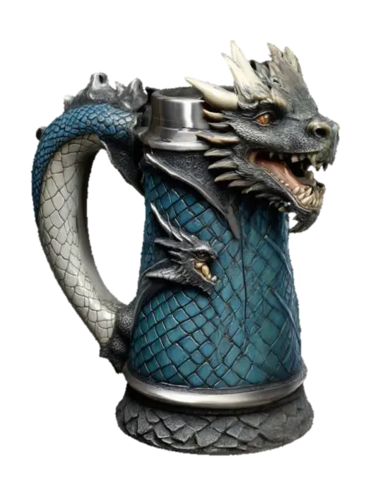 3D model for Medieval, Game of Thrones, Highly Detailed, Ultra Realistic beer stein with dragon scales carved in the handle the mug should be a dragon no top an hollow 