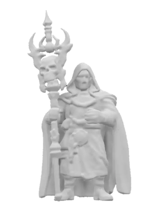 3D model for Highly Detailed, Ultra Realistic worlock with a staff and a skull on top of the staff he is wearing a black cloak 