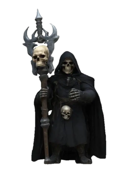3D model for Highly Detailed, Ultra Realistic worlock with a staff and a skull on top of the staff he is wearing a black cloak 