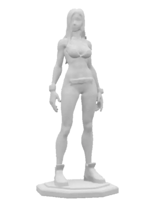 3D model for attractive girl monster slim and muscular, Highly Detailed, Ultra Realistic, Polished, Full Body, deeply carved detail in her face clear detail in her nose, lips and deep set eyes and eyelashes, Battle Pose, soft skin tight leather clothing standing on a octagon base