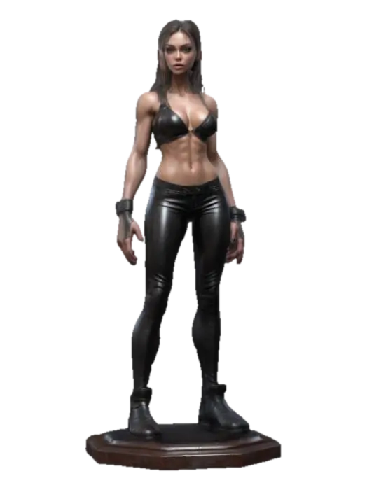 3D model for attractive girl monster slim and muscular, Highly Detailed, Ultra Realistic, Polished, Full Body, deeply carved detail in her face clear detail in her nose, lips and deep set eyes and eyelashes, Battle Pose, soft skin tight leather clothing standing on a octagon base