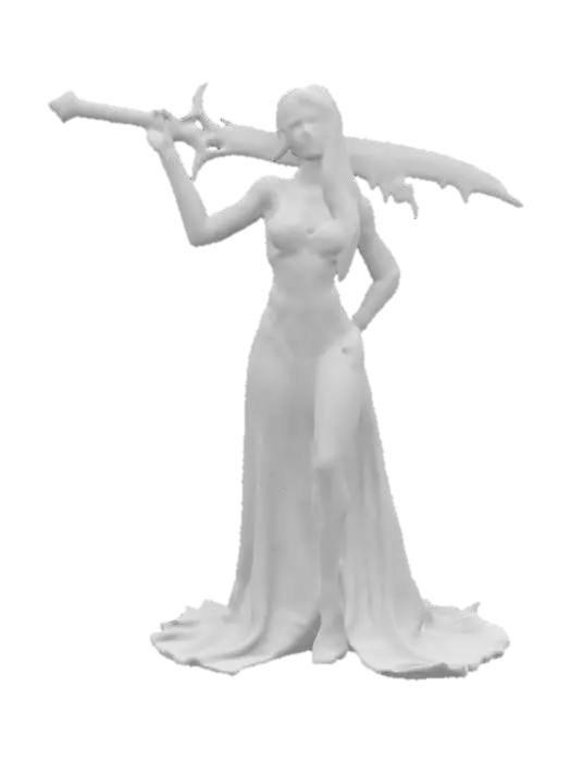 3D model for A 3D model of a fit muscular, tall female Evil ice queen character highly detailed in her early 20s, standing in a A-pose. She has long blond hair up in a messy bun, natural skin tone, and subtle makeup. Dressed in a , dress made out of ice, with realistic human anatomy. with a sword made of ice on her shoulder held there by her right hand, Includes PBR textures, detailed hair, realistic skin shadows, and soft lighting. Optimized for high-quality ready for 3D printing  #women#, 
