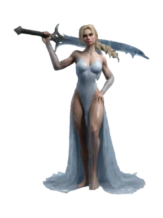 3D model for A 3D model of a fit muscular, tall female Evil ice queen character highly detailed in her early 20s, standing in a A-pose. She has long blond hair up in a messy bun, natural skin tone, and subtle makeup. Dressed in a , dress made out of ice, with realistic human anatomy. with a sword made of ice on her shoulder held there by her right hand, Includes PBR textures, detailed hair, realistic skin shadows, and soft lighting. Optimized for high-quality ready for 3D printing  #women#, 
