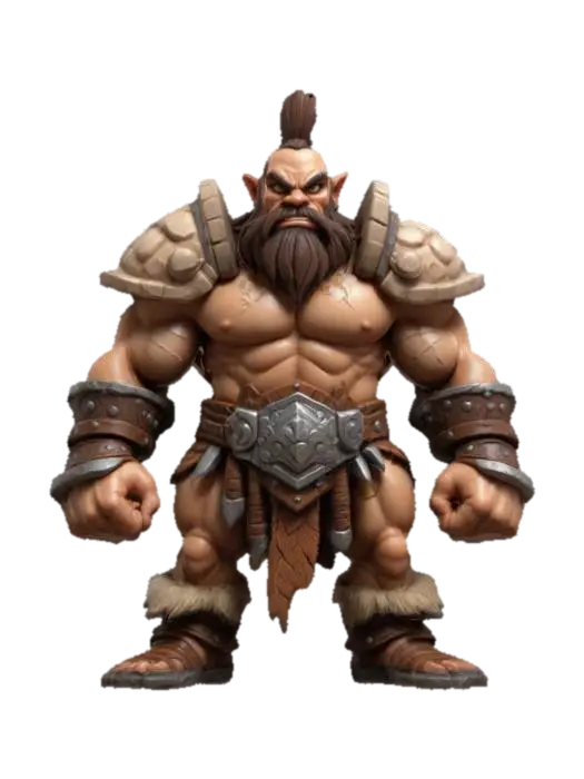 3D model for buff muscular barbarian  for Dungeons & Dragons. Attack pose.  Chibi art style. Highly stylized. Bold embossed and engraved detail. Well-defined edges. 2mm Chunky sculpted detail. High resolution., #game figure#