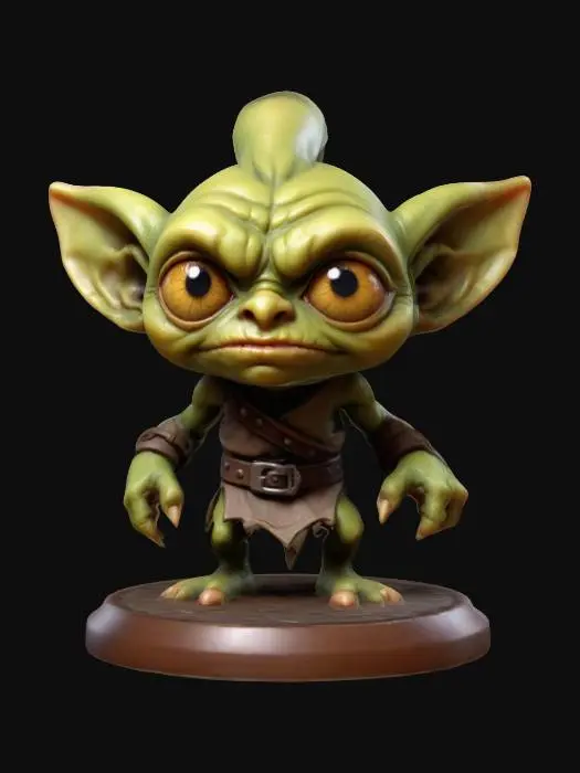 3D model for A chibi-style goblin  Oversized deeply carved eyes. Thick body. Highly stylized. Carved detail. Clean edges.  Highly detailed. Deeply detailed. Well-lit. Dungeons & Dragons. Chibi. DND. on a round base, #game figure#