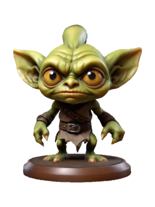 3D model for A chibi-style goblin  Oversized deeply carved eyes. Thick body. Highly stylized. Carved detail. Clean edges.  Highly detailed. Deeply detailed. Well-lit. Dungeons & Dragons. Chibi. DND. on a round base, #game figure#