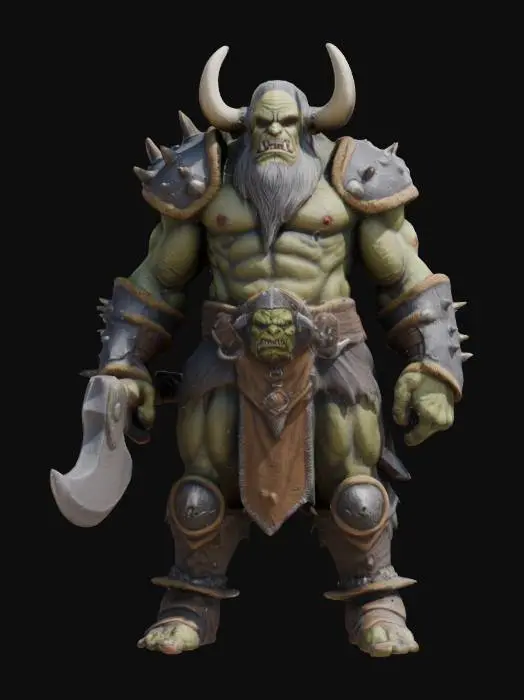 3D model for orc figurine, game ready, holding a battle axe, Battle Pose, pint ready , Highly Detailed, Ultra Realistic, Polished, #game figure#