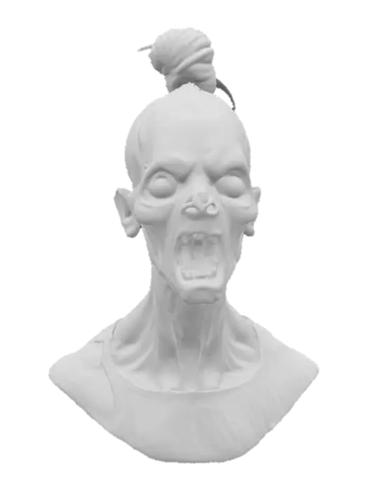 3D model for A gruesome scary  zombie head eyes open mouth open grotesque in every manner highly detailed highly realistic hair up in a top bun 