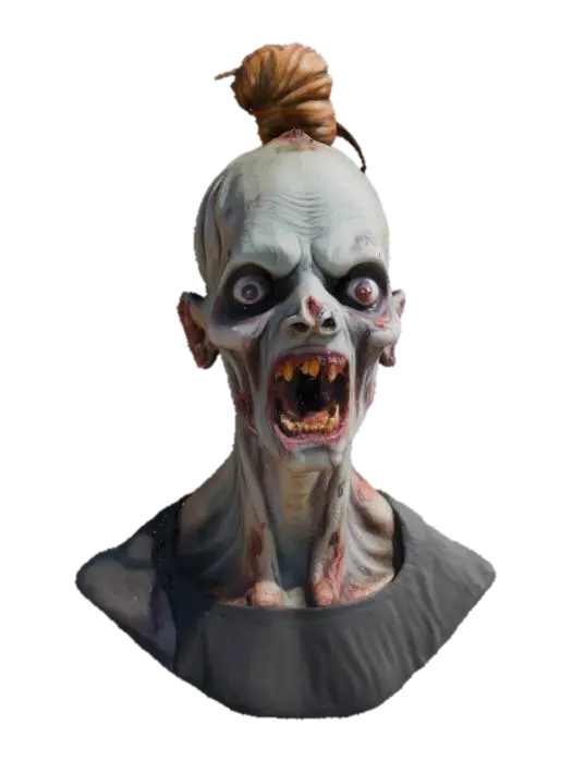 3D model for A gruesome scary  zombie head eyes open mouth open grotesque in every manner highly detailed highly realistic hair up in a top bun 