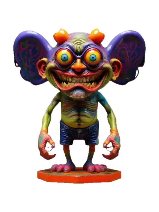 3D model for This model has grotesque caricatures,  A Ed "big daddy" Roth style, cyclops with bright colors standing on a hexagon base ,