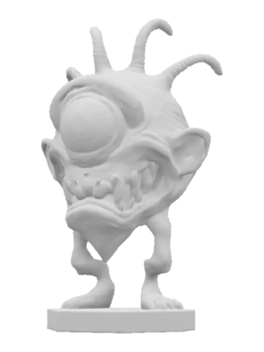 3D model for This model has grotesque caricatures,  A Ed "big daddy" Roth style, cyclops, with only one eye in the center of its forehead, bright colors standing on a hexagon base ,