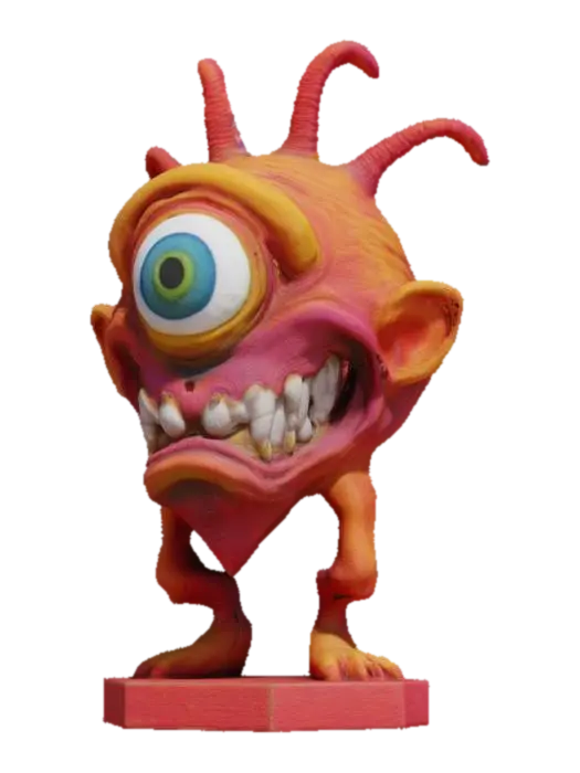3D model for This model has grotesque caricatures,  A Ed "big daddy" Roth style, cyclops, with only one eye in the center of its forehead, bright colors standing on a hexagon base ,