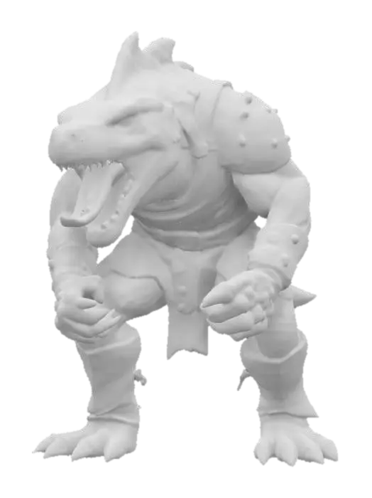 3D model for An extremely detailed medieval warrior. Has the characteristics of a t-rex man he is hunched over,  he is dressed in leather clothing he is extremely muscular. His extremely large teeth is protruding from his mouth are stained with blood. He is in an attack stance set on a round game ready base, #game figure#