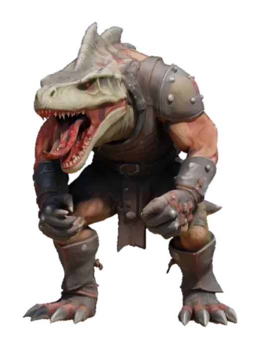 3D model for An extremely detailed medieval warrior. Has the characteristics of a t-rex man he is hunched over,  he is dressed in leather clothing he is extremely muscular. His extremely large teeth is protruding from his mouth are stained with blood. He is in an attack stance set on a round game ready base, #game figure#