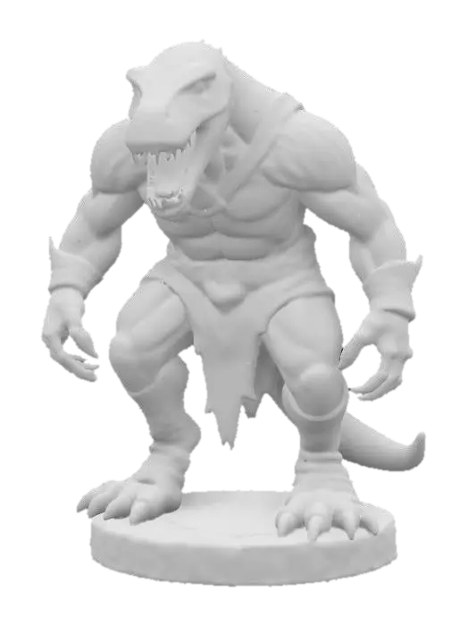 3D model for An extremely detailed medieval warrior. Has the characteristics of a t-rex man he is hunched over,  he is dressed in leather clothing he is extremely muscular. His extremely large teeth is protruding from his mouth are stained with blood. He is in an attack stance set on a round game ready base, #game figure#