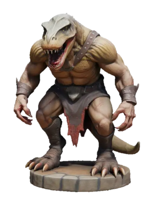 3D model for An extremely detailed medieval warrior. Has the characteristics of a t-rex man he is hunched over,  he is dressed in leather clothing he is extremely muscular. His extremely large teeth is protruding from his mouth are stained with blood. He is in an attack stance set on a round game ready base, #game figure#