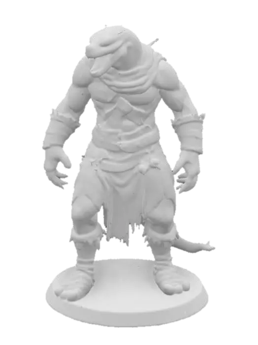 3D model for An extremely detailed medieval warrior. Has the characteristics of a man mixed with a cobra he is hunched over,  he is dressed in leather clothing he is extremely muscular. His extremely large fangs are protruding from his mouth are stained with blood. He is in an attack stance set on a round game ready base, #game figure#