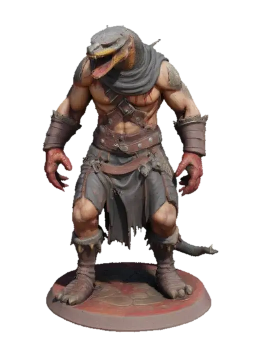 3D model for An extremely detailed medieval warrior. Has the characteristics of a man mixed with a cobra he is hunched over,  he is dressed in leather clothing he is extremely muscular. His extremely large fangs are protruding from his mouth are stained with blood. He is in an attack stance set on a round game ready base, #game figure#