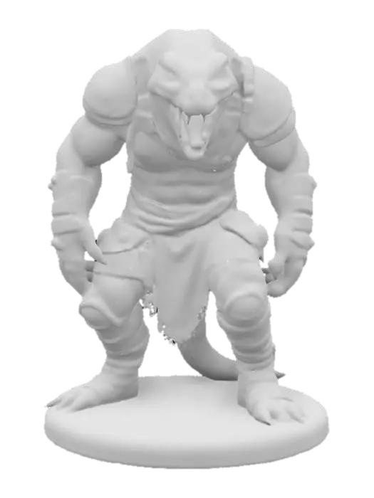 3D model for An extremely detailed medieval warrior. Has the characteristics of a man mixed with a cobra he is hunched over,  he is dressed in leather clothing he is extremely muscular. His extremely large fangs are protruding from his mouth are stained with blood. He is in an attack stance set on a round game ready base, #game figure#