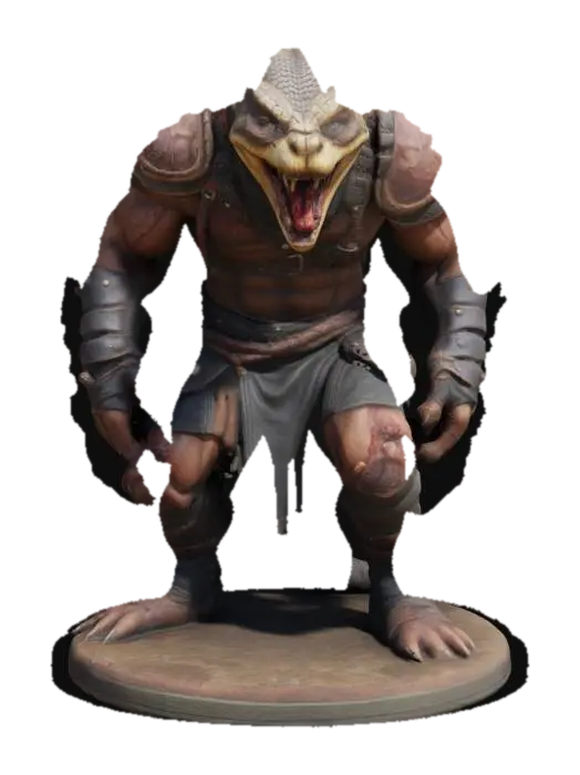 3D model for An extremely detailed medieval warrior. Has the characteristics of a man mixed with a cobra he is hunched over,  he is dressed in leather clothing he is extremely muscular. His extremely large fangs are protruding from his mouth are stained with blood. He is in an attack stance set on a round game ready base, #game figure#