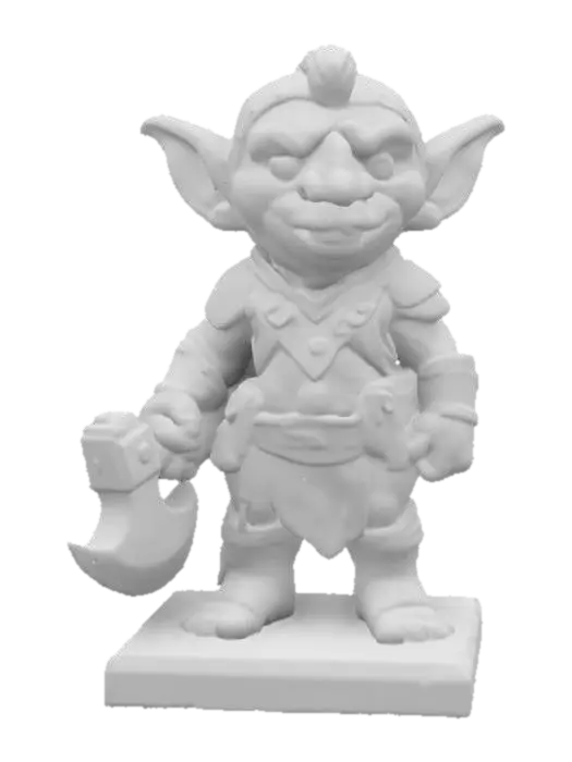 3D model for cute little goblin he is wearing leather armor he has an axe his face has a look or anger with his extra long nose and ears he is standing on a square base