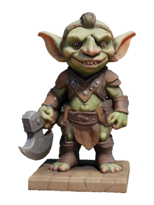 3D model for cute little goblin he is wearing leather armor he has an axe his face has a look or anger with his extra long nose and ears he is standing on a square base