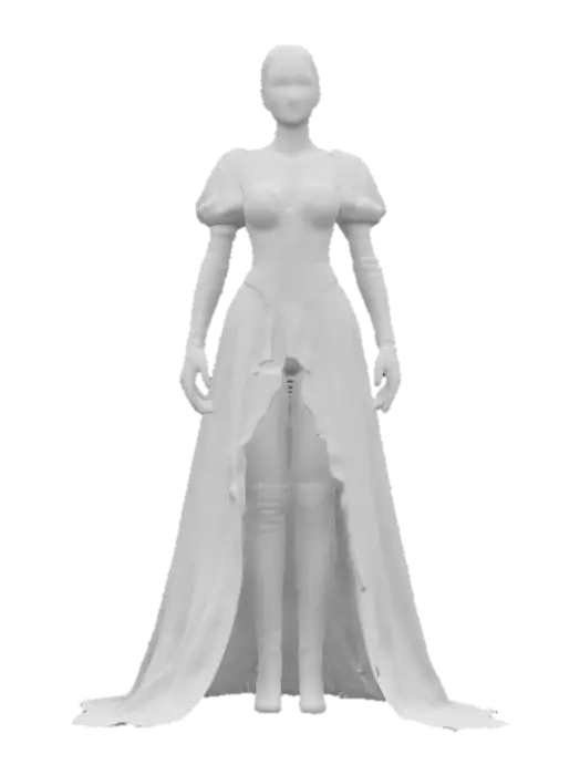 3D model for 1800 era female vampire character, wearing an elegant empire-waist dress, detailed face, short sleeves, high resolution, elegant updo hair, 