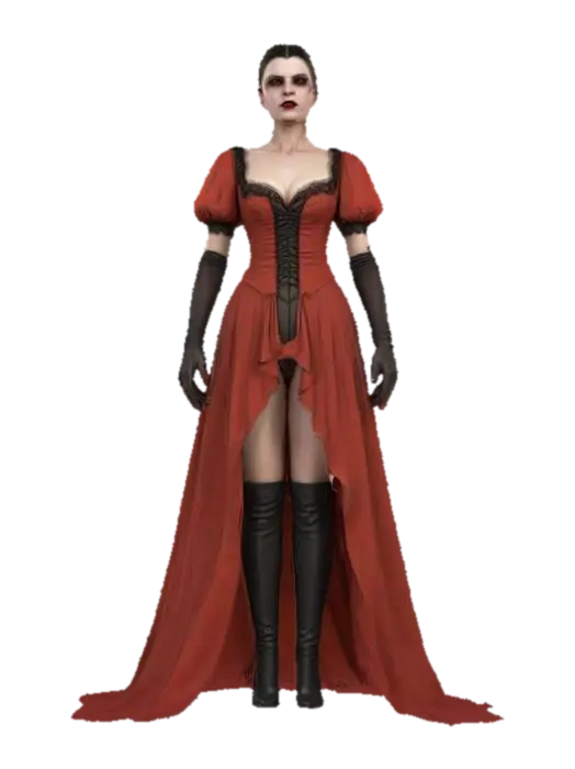 3D model for 1800 era female vampire character, wearing an elegant empire-waist dress, detailed face, short sleeves, high resolution, elegant updo hair, 