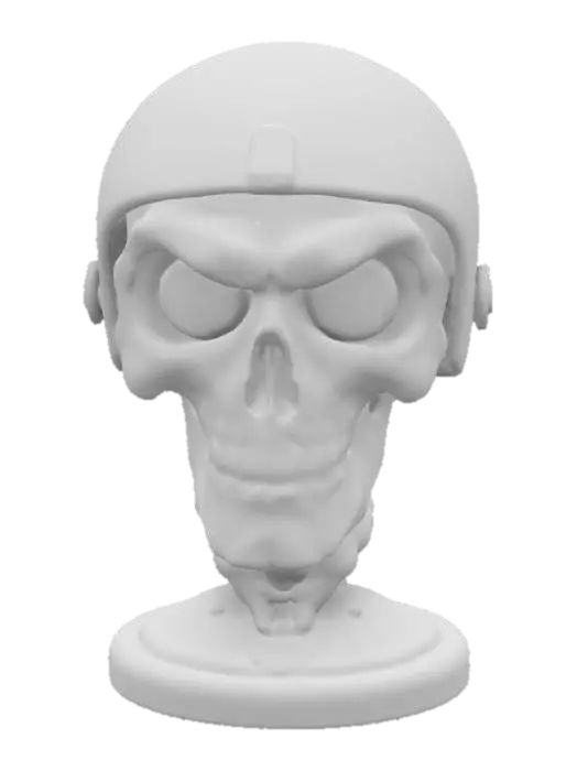 3D model for The object is a bust with a caricatured skull face and exaggerated eyes, wearing a leather-textured helmet, featuring bright colors, and mounted on a circular base with a small emblem., Deadpool floating head