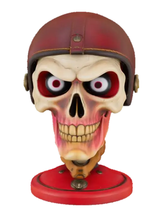 3D model for The object is a bust with a caricatured skull face and exaggerated eyes, wearing a leather-textured helmet, featuring bright colors, and mounted on a circular base with a small emblem., Deadpool floating head