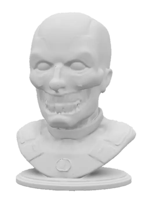 3D model for The object is a bust with a caricatured skull face and exaggerated eyes, wearing a leather-textured helmet, featuring bright colors, and mounted on a circular base with a small emblem., Deadpool floating head