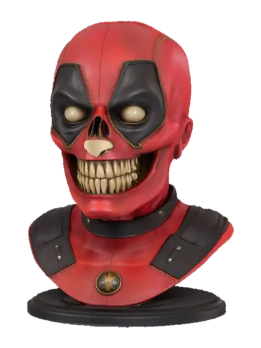 3D model for The object is a bust with a caricatured skull face and exaggerated eyes, wearing a leather-textured helmet, featuring bright colors, and mounted on a circular base with a small emblem., Deadpool floating head