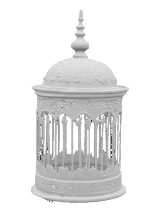 3D model for old coper birdcage , The object is a cylindrical birdcage with a domed top, featuring ornate metalwork with floral and geometric patterns and a rustic bronze finish.