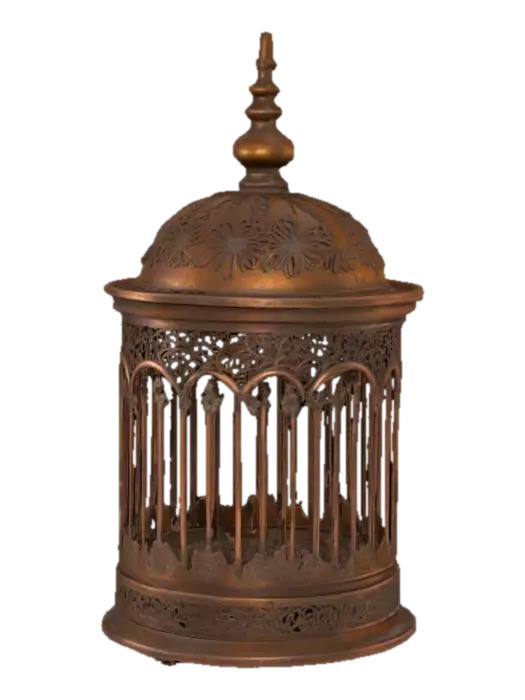 3D model for old coper birdcage , The object is a cylindrical birdcage with a domed top, featuring ornate metalwork with floral and geometric patterns and a rustic bronze finish.