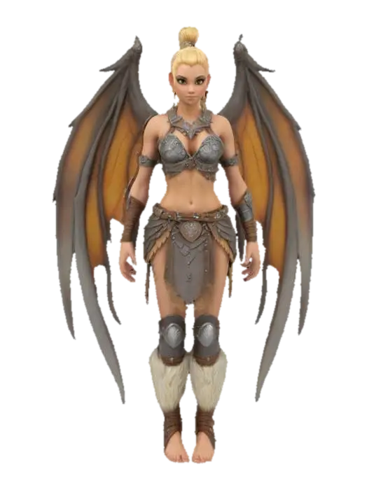 3D model for beautiful female barbarian , #fairy#,  she has dragon wings,  blond hair up in a top pony tail , #fairy#, #fairy#, #fairy#