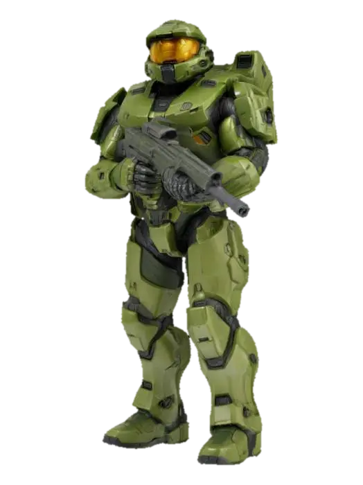 highly detailed halo master chief standing in an action pose holding his gun out - Spartan 3D model, vytvořený pomocí AI