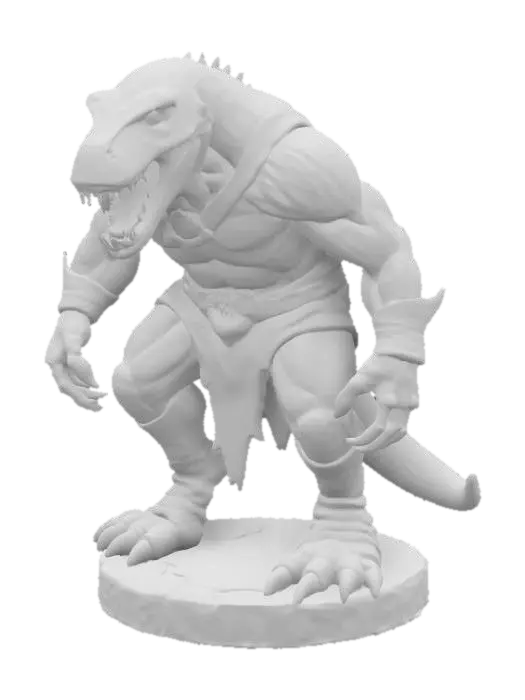 3D model for An extremely detailed medieval warrior. Has the characteristics of a t-rex man he is hunched over,  he is dressed in leather clothing he is extremely muscular. His extremely large teeth is protruding from his mouth are stained with blood. He is in an attack stance set on a round game ready base, #game figure#