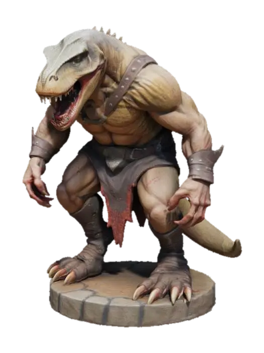 3D model for An extremely detailed medieval warrior. Has the characteristics of a t-rex man he is hunched over,  he is dressed in leather clothing he is extremely muscular. His extremely large teeth is protruding from his mouth are stained with blood. He is in an attack stance set on a round game ready base, #game figure#