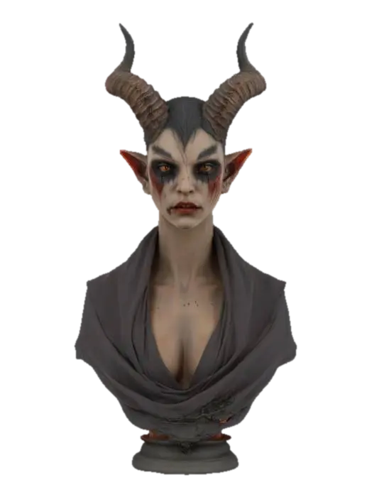 A beautiful female demon bust with deep detail in her skin, scars and burns she is… 3D model, vytvořený pomocí AI